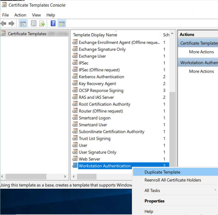 Certificate Templates Console with Duplicate Template option highlighted