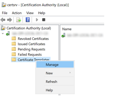 Certification Authority console with Certificate Templates context menu open