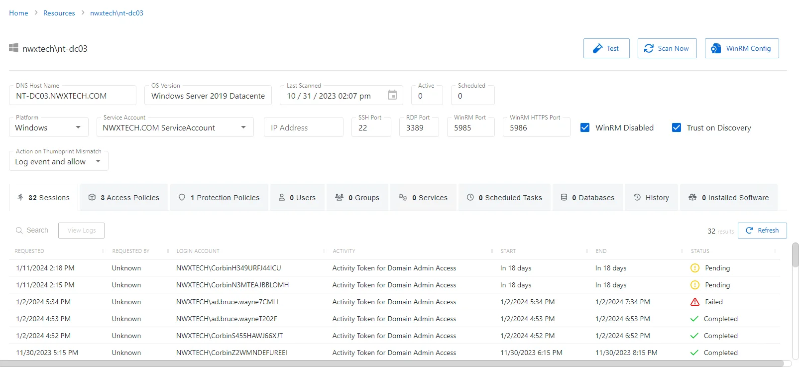 Sessions Tab for Host Resource