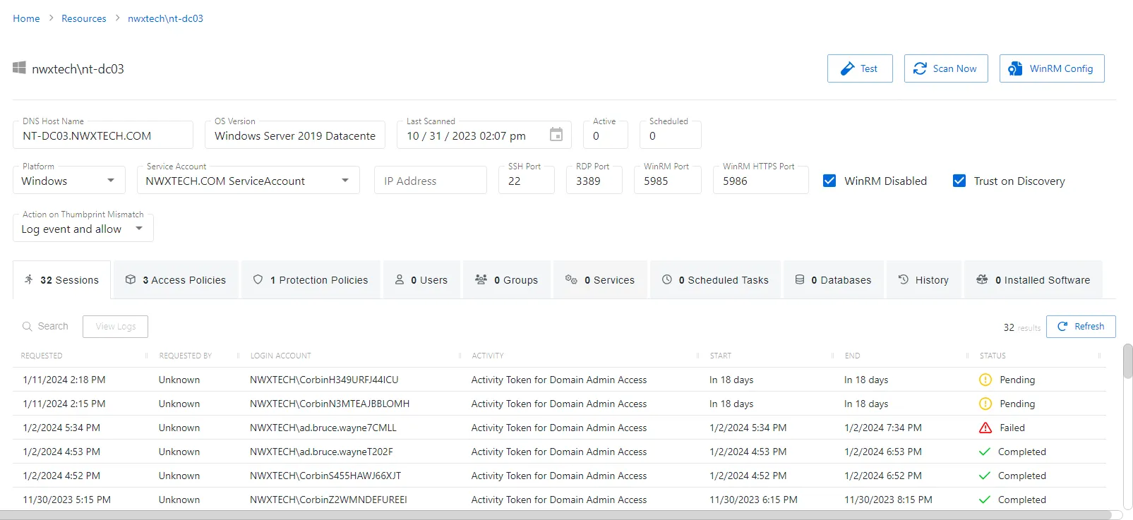 Sessions Tab for Host Resource