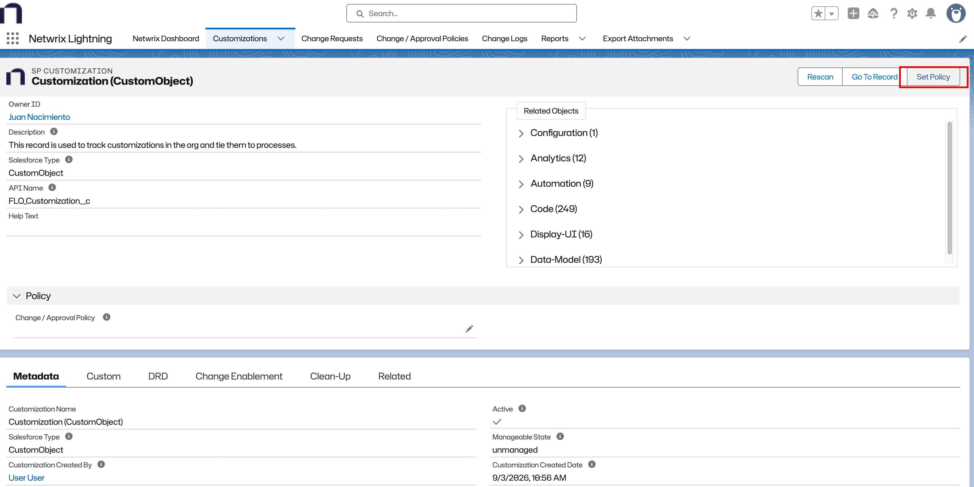 Set Policy button on a customization record