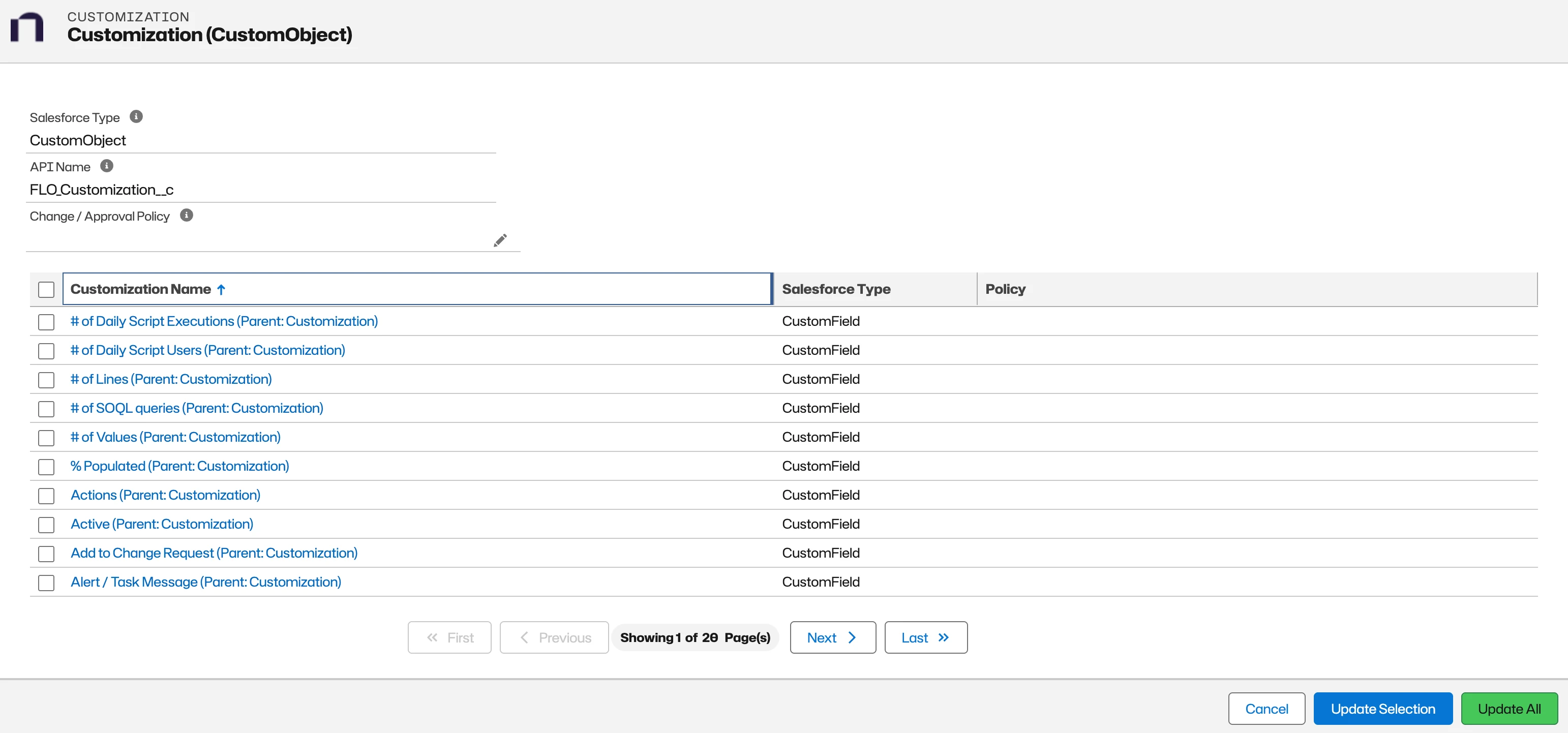 Set Policy modal listing related customizations and their current policy