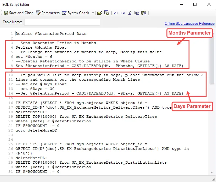 History Retention task in SQL Script Editor