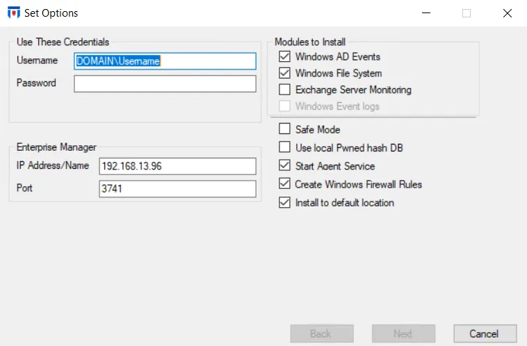 Deploy Agents wizard – Set Options page