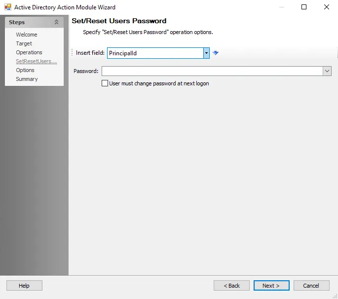Active Directory Action Module Wizard Set/Reset Users Password page