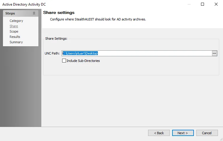 Active Directory Activity DC wizard Share settings page