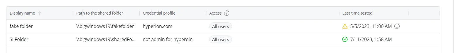 Shared Folder table on the Folders Settings page