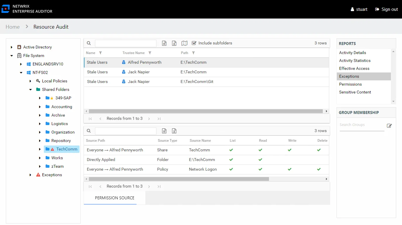 Exceptions report at the share and subfolder levels