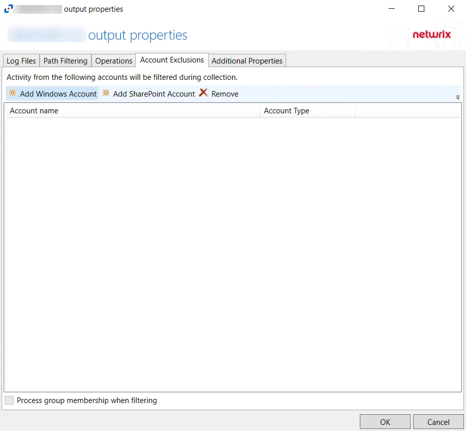 Account Exclusions tab for SharePoint hosts