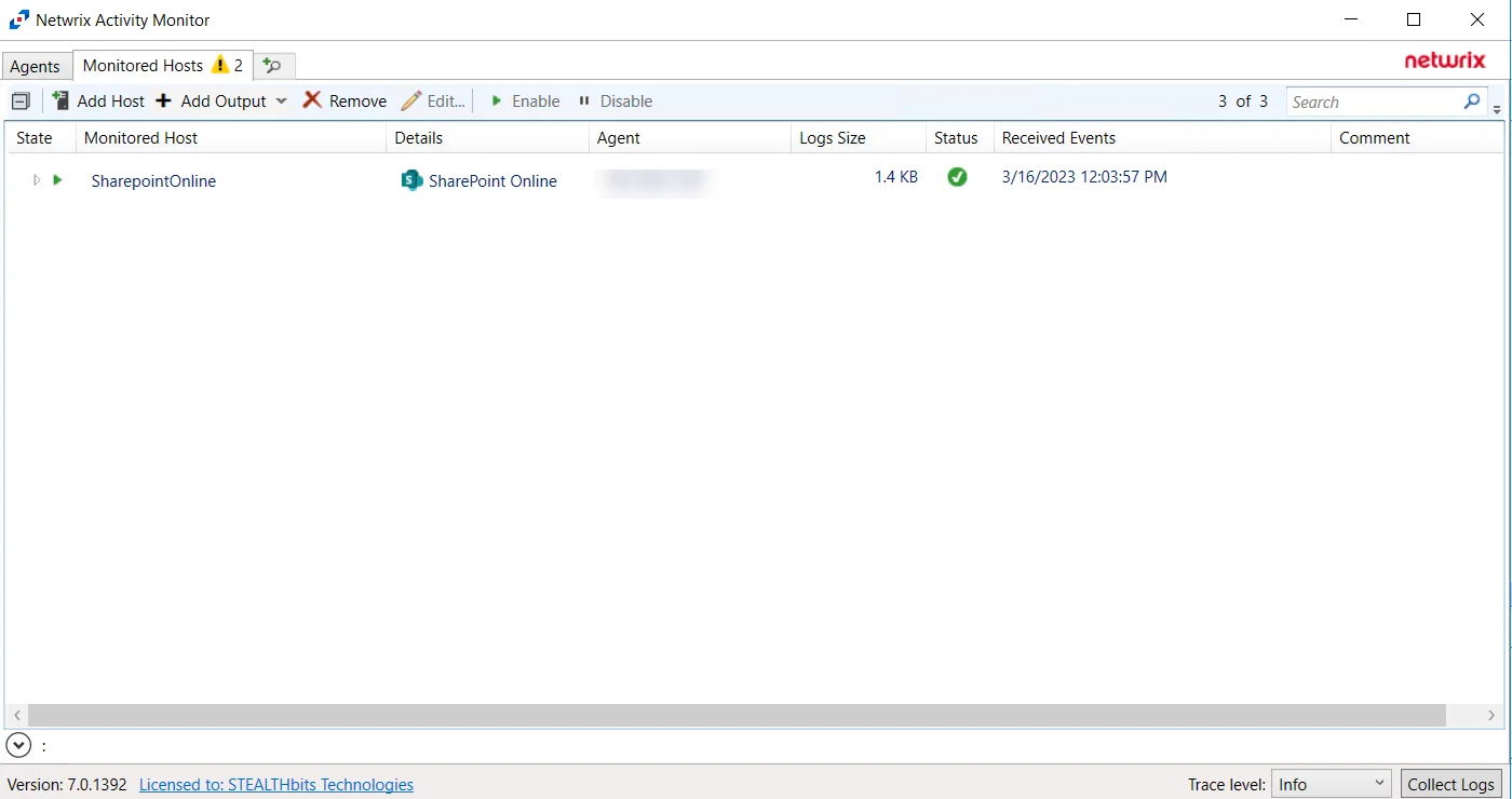 Activity Monitor with SharePoint Online host added