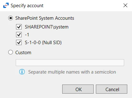 Specify Account popup window