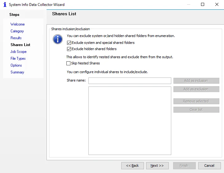 System Info Data Collector Wizard Shares List page