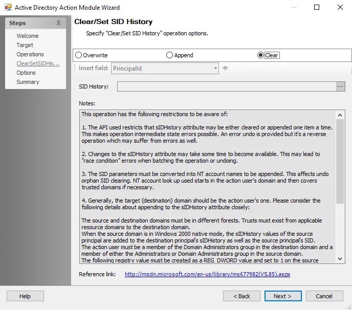 Active Directory Action Module Wizard Clear/Set SID History page