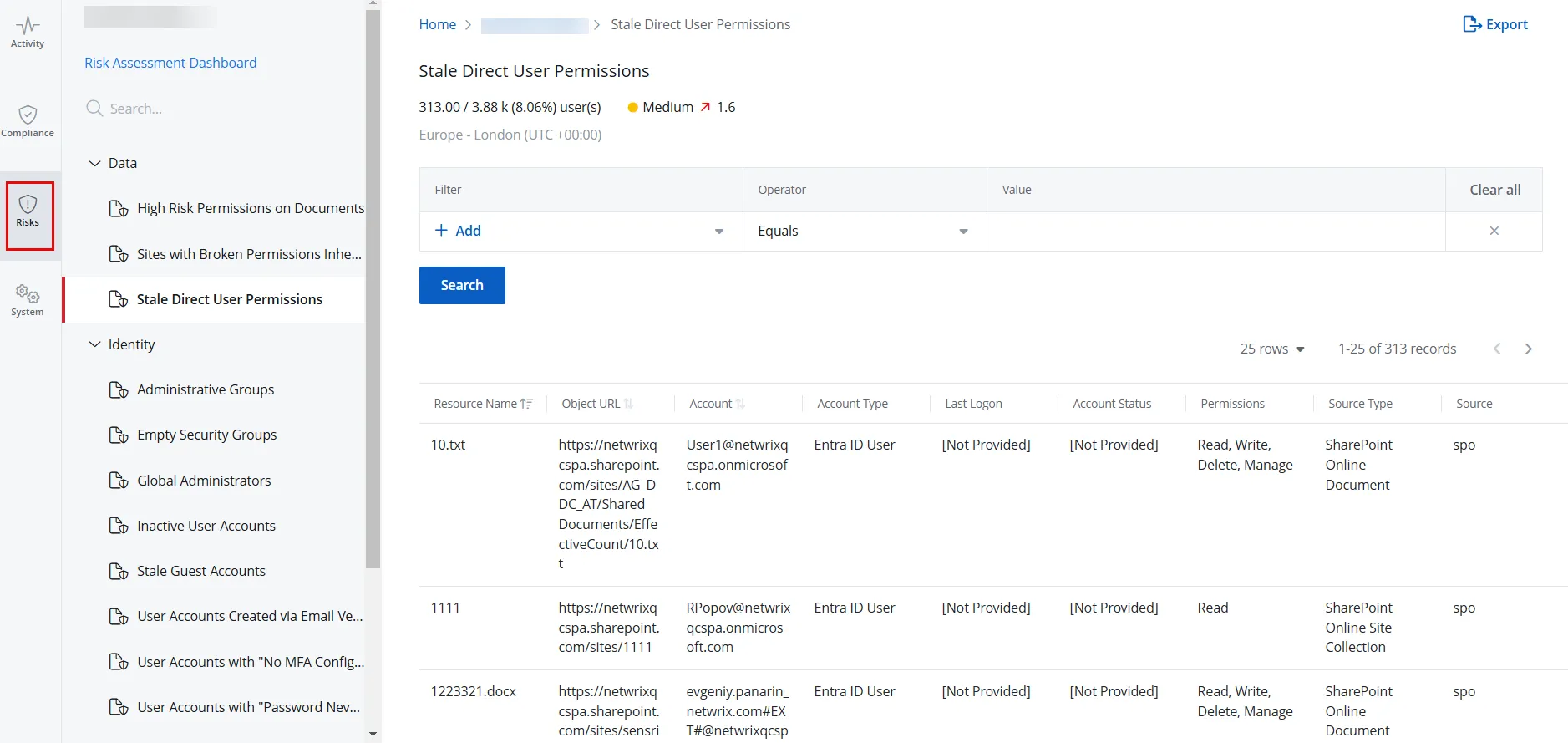 Risk Reports page