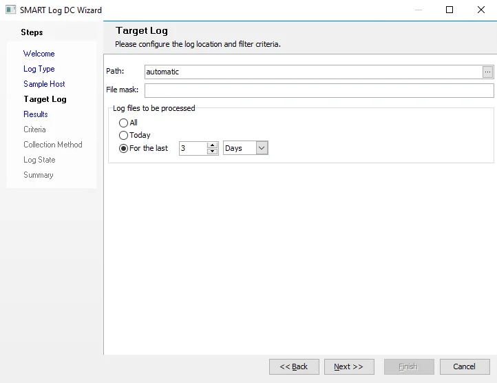 SMART Log DC Wizard Target Log page