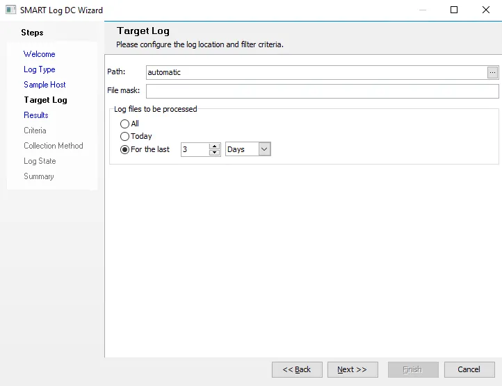 SMART Log DC Wizard Target Log page