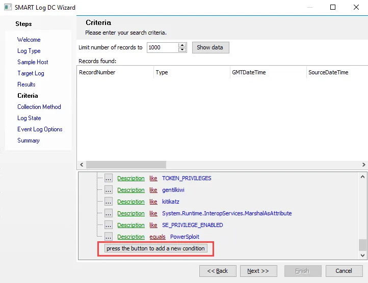 Smart Log Data Collector Wizard Criteria page