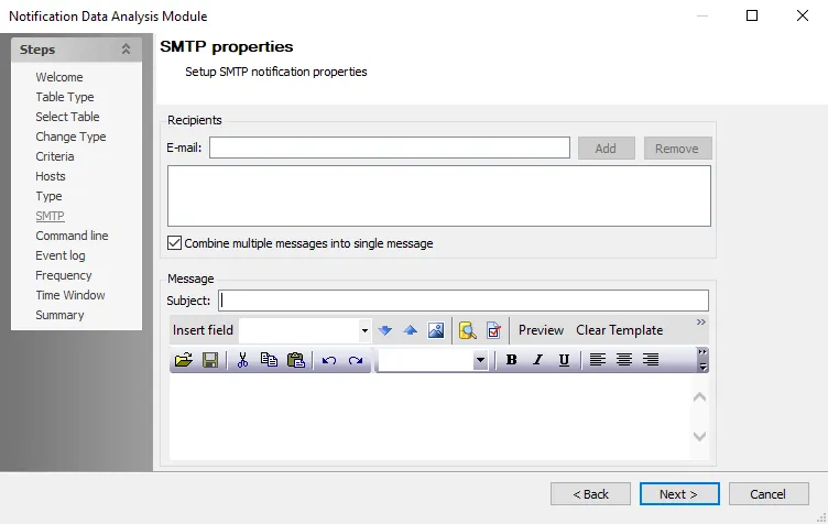 Notification Data Analysis Module wizard SMTP properties page