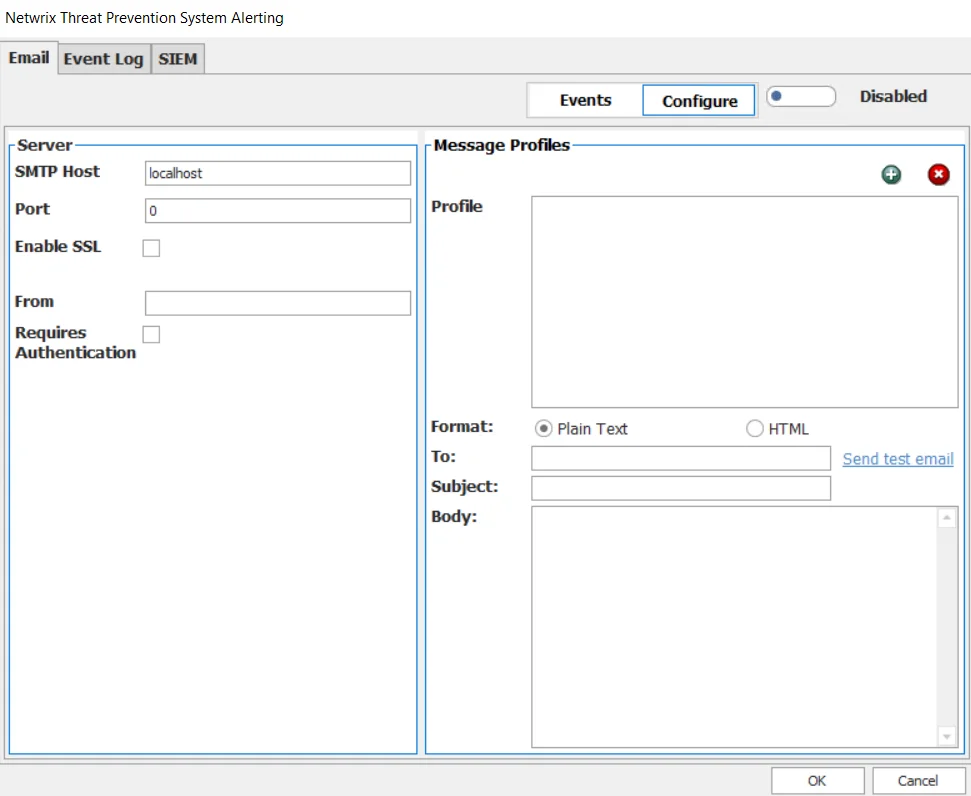 System Alerting window - Email tab - Configure SMTP Host and Message Profile