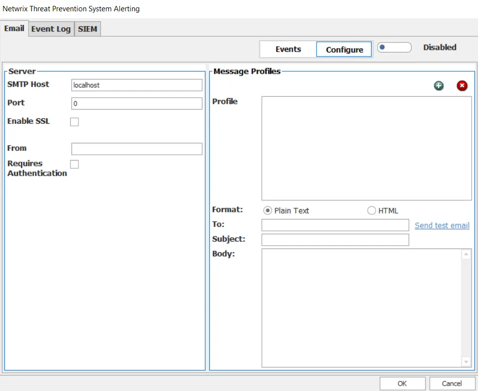 System Alerting window - Email tab - Configure SMTP Host and Message Profile