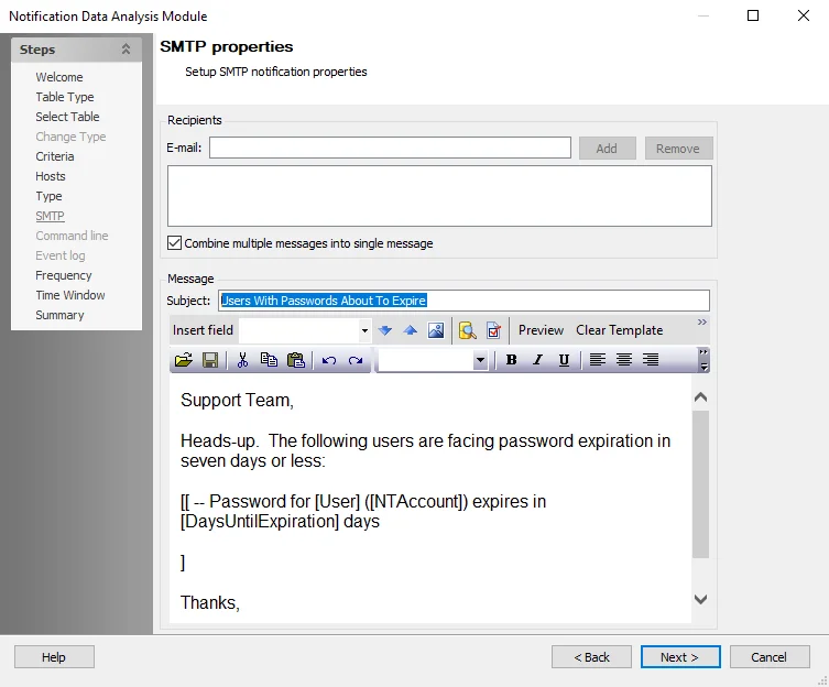 SMTP properties page