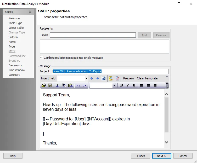 SMTP properties page