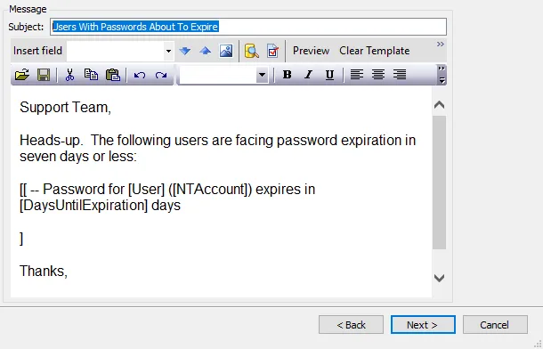 Message section of SMTP properties page