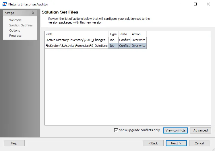Configuration Wizard Solution Set Files page with conflicts