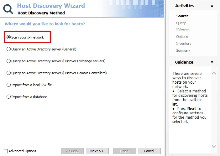 Host Discovey Wizard Source page for IP network scan