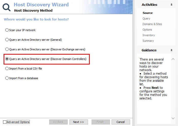Host Discovey Wizard Source page for AD Domain Controllers query