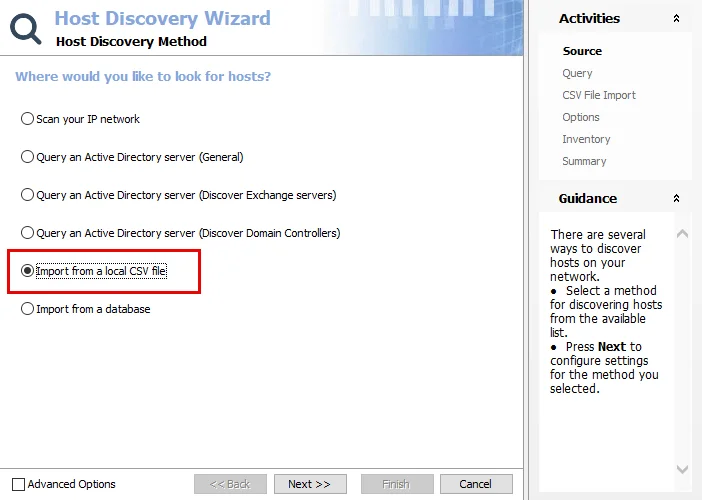 Host Discovery Wizard Source page for CSV import