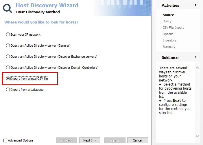 Host Discovery Wizard Source page for CSV import