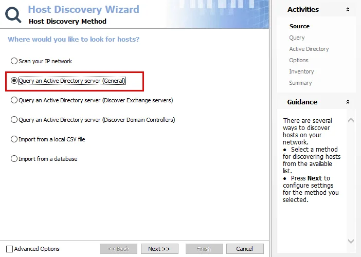 Host Discovery Wizard Source page for AD General