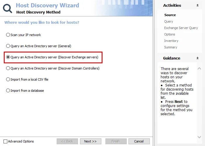 Host Discovery Wizard Source page for AD Exchange