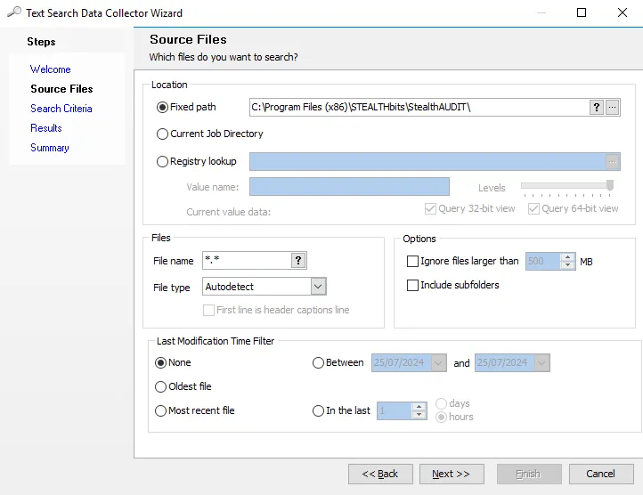 Text Search Data Collector Wizard Source Files page