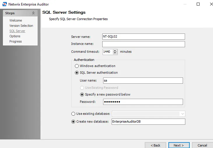 SQL Server Settings page