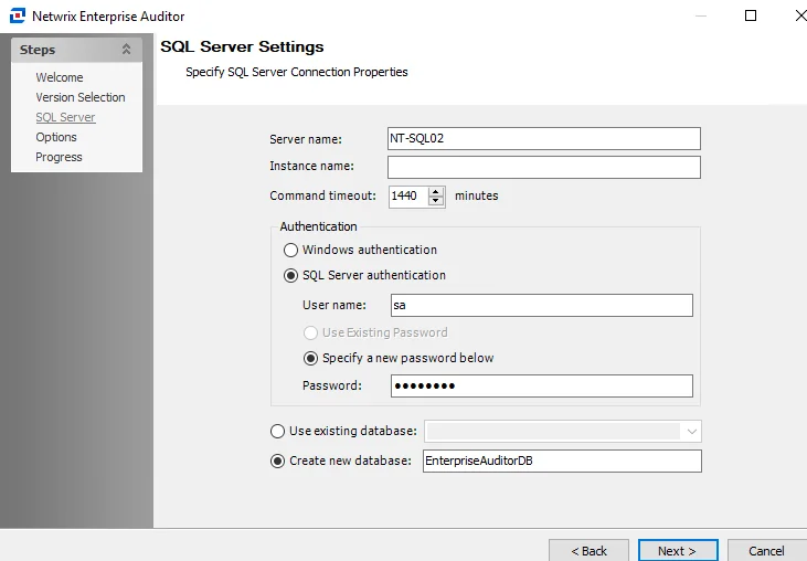 AIC Setup Wizard SQL Server Connection page