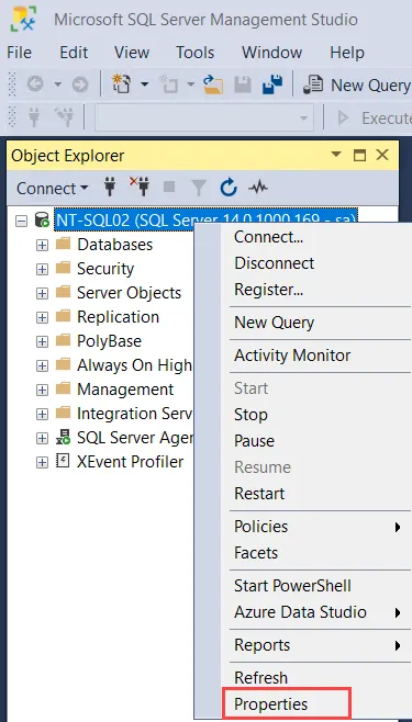 Microsoft SQL Server Management Studio showing database right-click menu