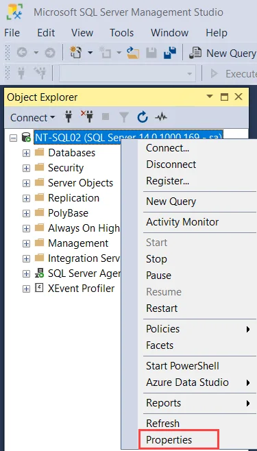 Microsoft SQL Server Management Studio showing database right-click menu