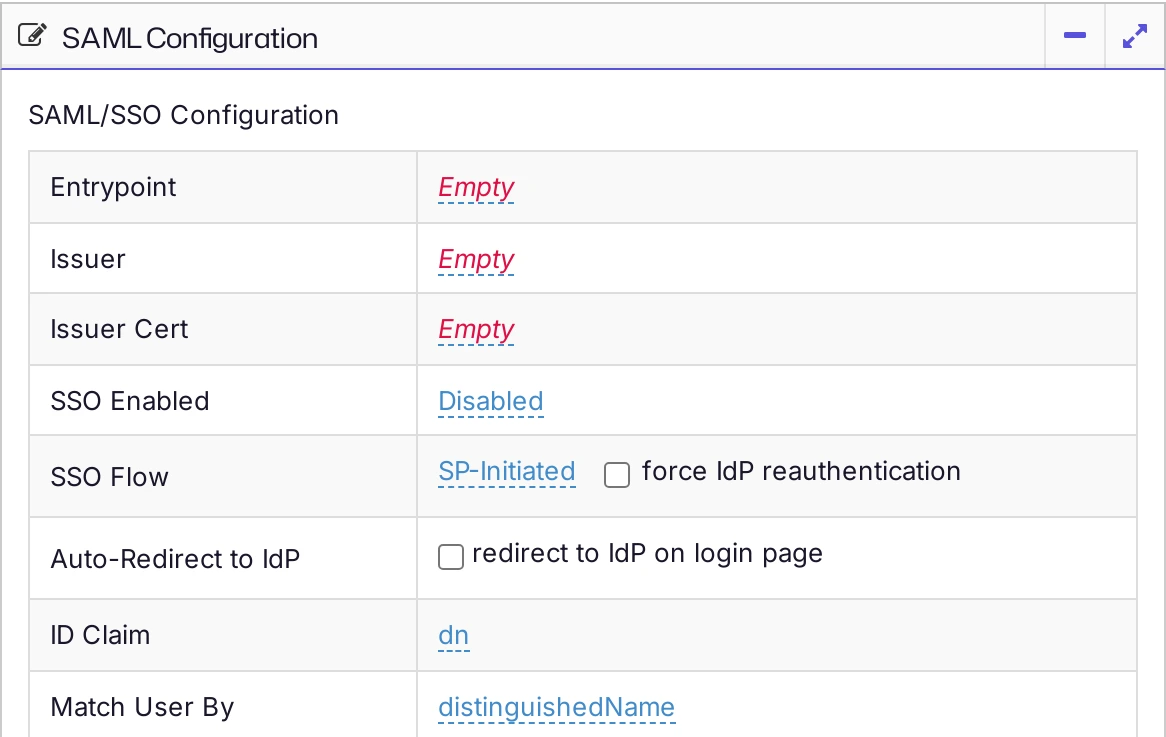 The SAML Configuration panel with its default values