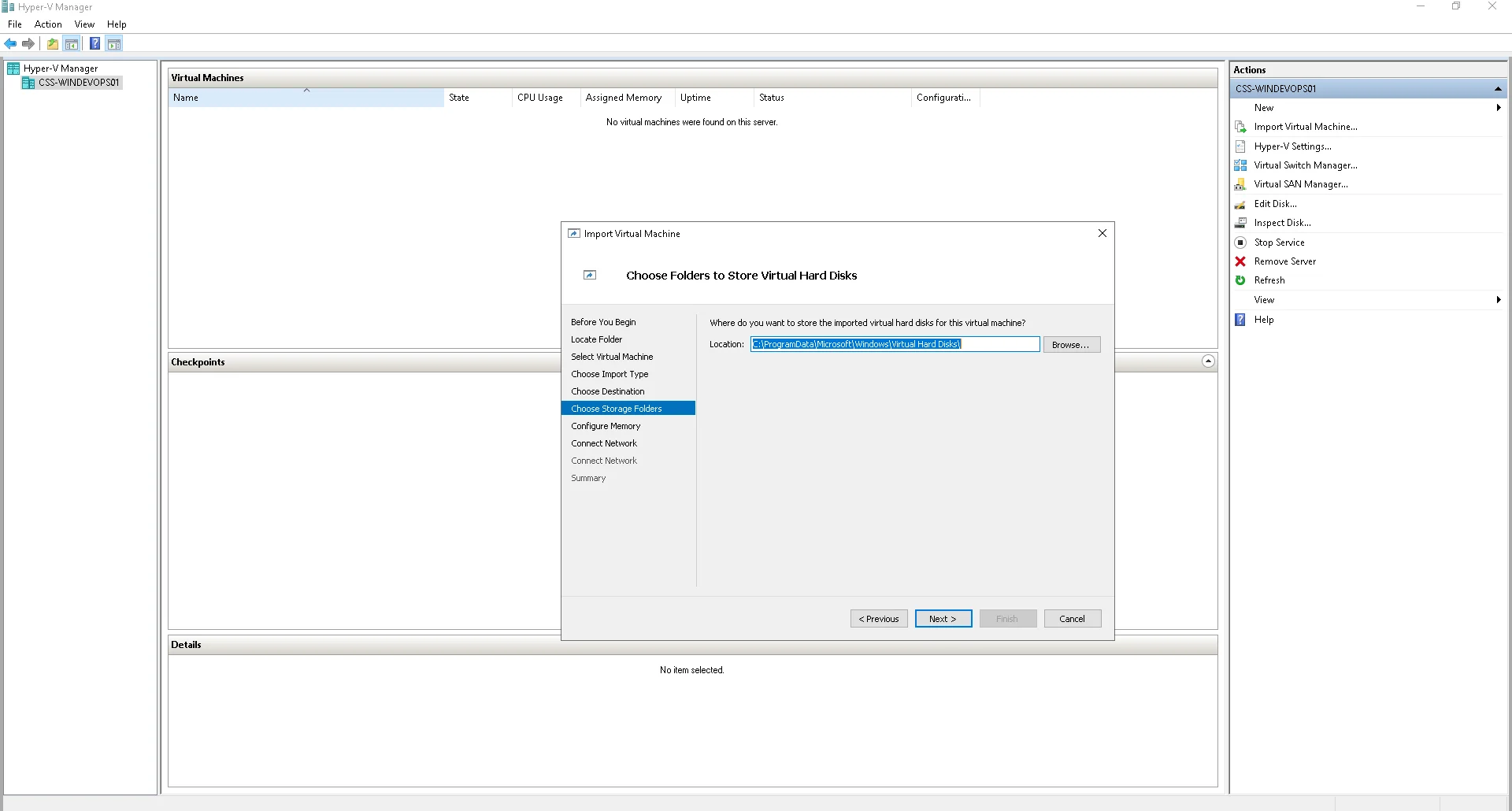  Setting the desired path for storing the  imported virtual hard disk
