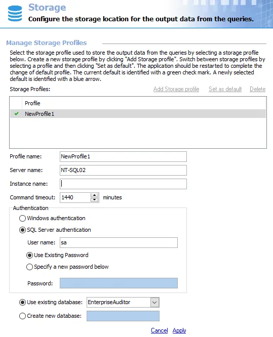 Storage Profile configuration page