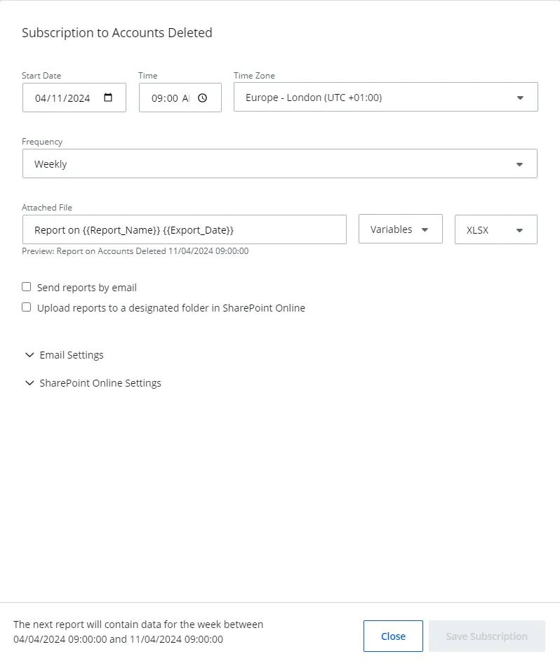 Subscription to Report pane