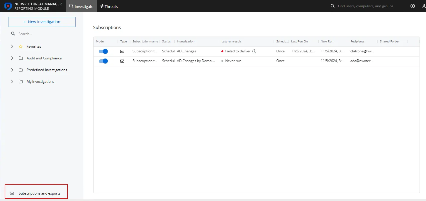 Investigations interface on the Subscriptions and Exports page
