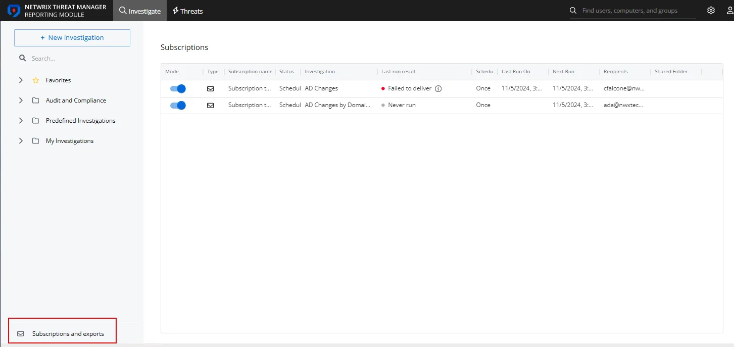 Investigations interface on the Subscriptions and Exports page