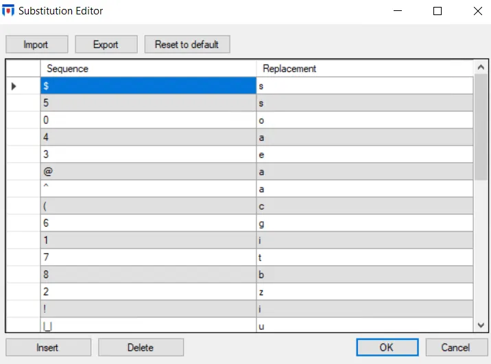 Substitution Editor window