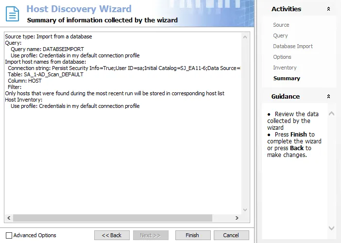Host Discovery Wizard Summary page for database import