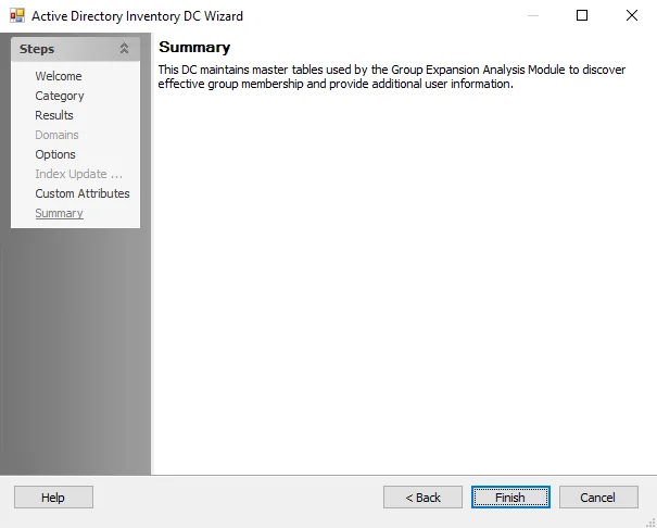 Active Directory Data Collector Wizard Summary page