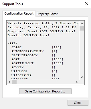 Support Tools Window - Configuration Report tab