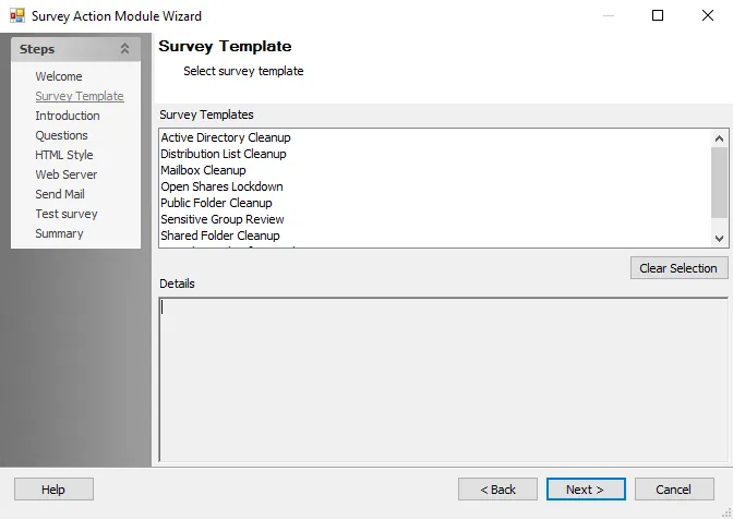 Survey Action Module Wizard Survey Template page